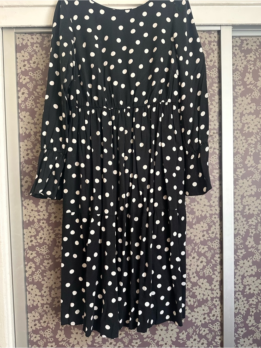 Black Polka Dot Long Sleeve Midi Dress